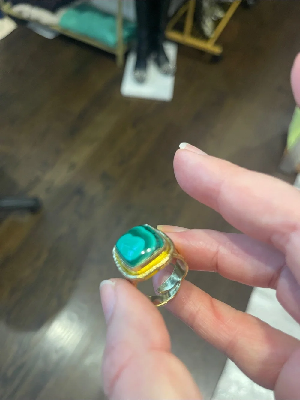 Turkish handmade adjustable Gold-Tone Ring with Green Malachite-Style Stone